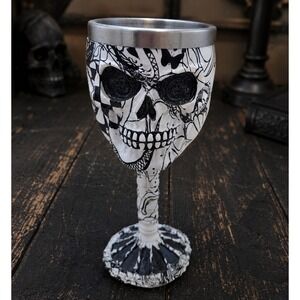 Gothic Skull Goblet Black White Doodle Graphic Decor Chalice 7in candle holder